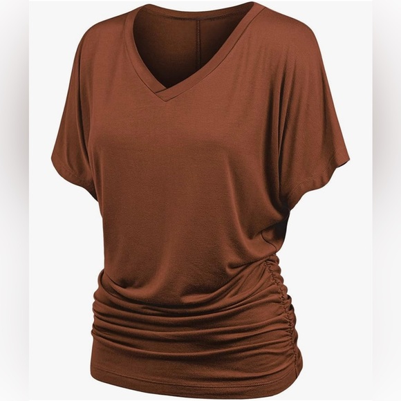 Solid Short Sleeve Boat Neck/V Neck Dolman Top T Shirt with Side Shirring - Picture 2 of 6